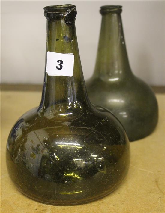 2 Dutch green glass squat bottles(-)